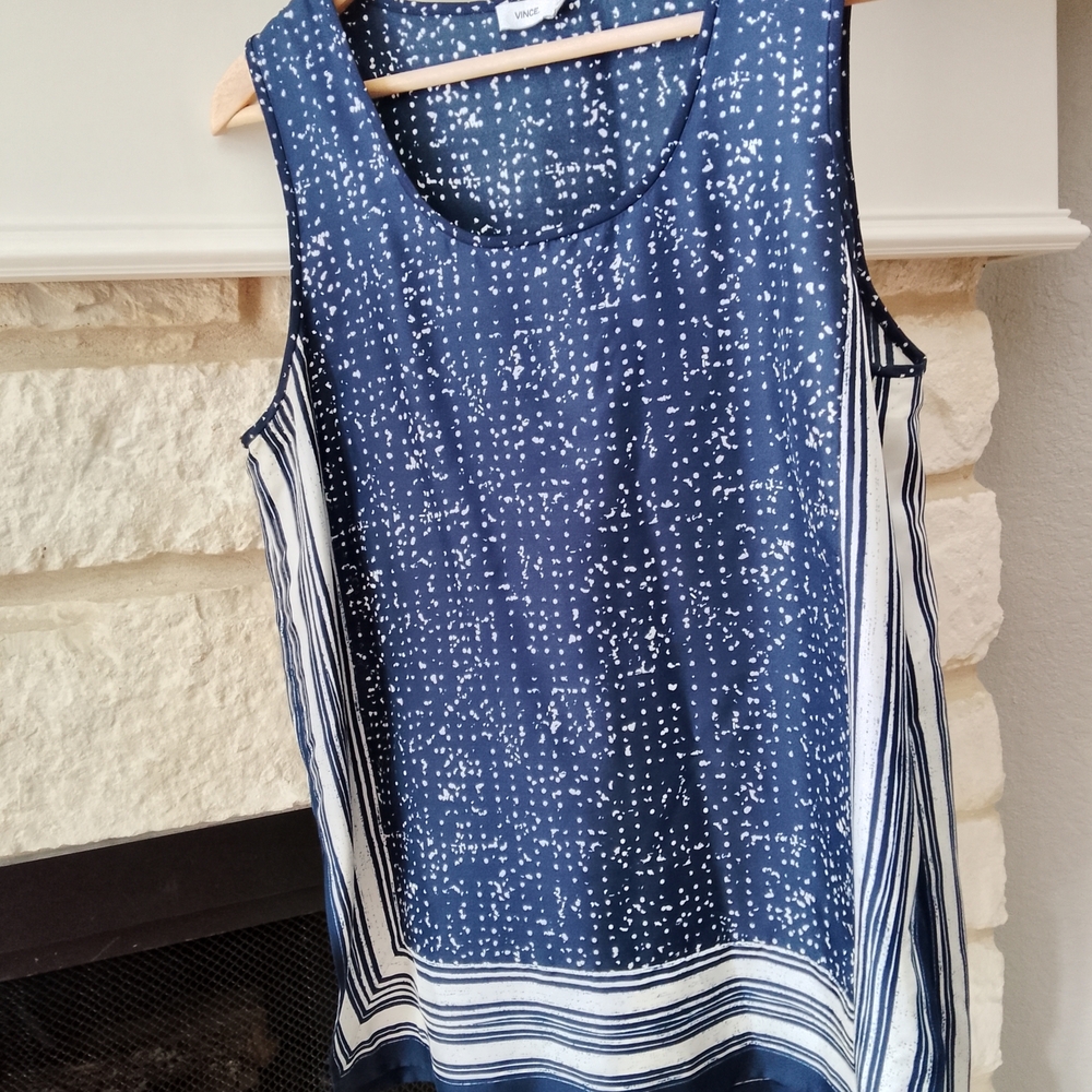 Vince Navy and White Patterned Tank Top